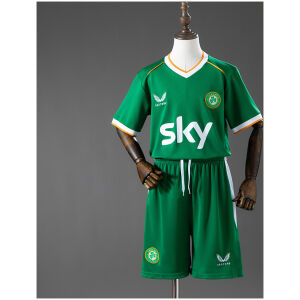 Front view of the Kids Ireland Home Kit 2026 in emerald green with white Sky sponsor and matching green shorts