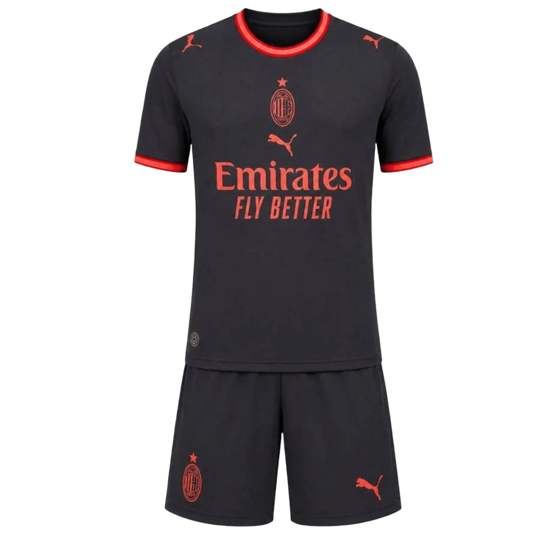 Kids AC Milan Third Jersey Kit 2026/27 Black AC Milan kids Third shirt with red trim and centre crest front view