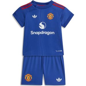 Kids Manchester United Away Jersey Kit 2026/27 royal blue shirt and shorts front view