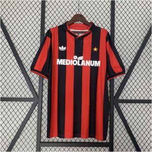 Mens AC Milan Retro Home Jersey 1990/91 front view in red and black stripes featuring Mediolanum sponsor