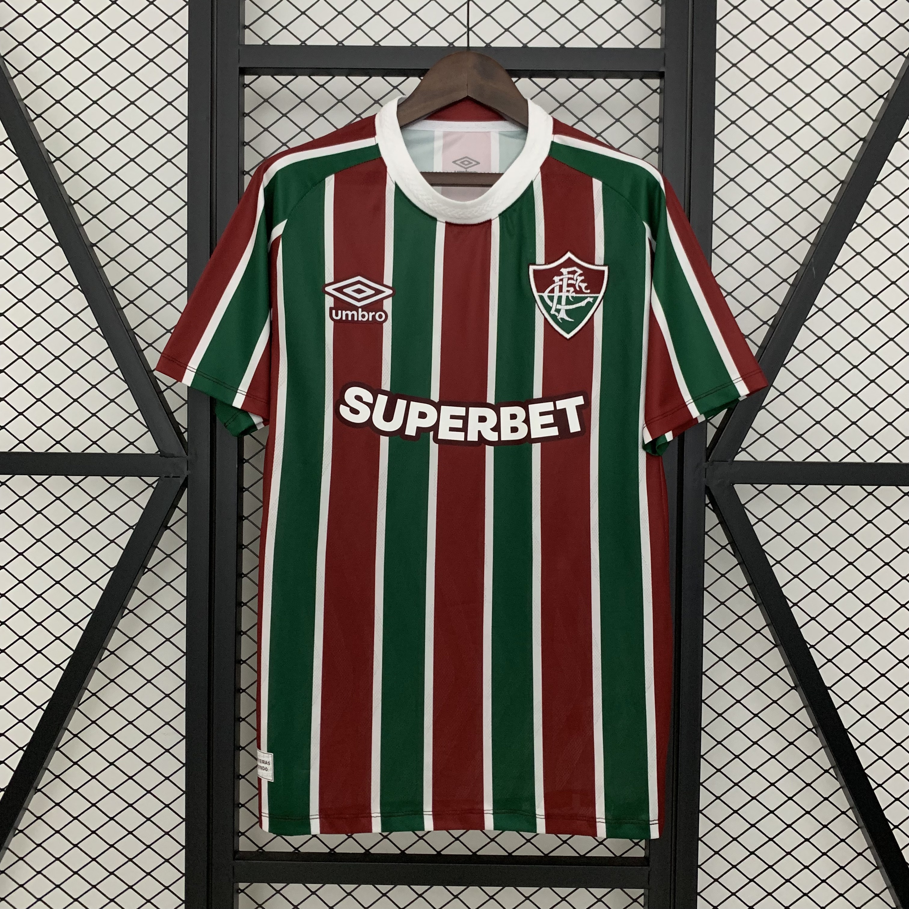 Mens Fluminense Home Jersey 2025/26 Mens Fluminense Home Jersey 2025/26 front view in garnet and green tricolor stripes with Superbet sponsor