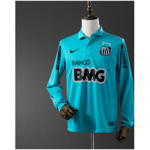 Mens Santos Second Retro Long Sleeve Away Jersey 2012/13 Mens Santos Second Retro Long Sleeve Away Jersey 2012/13 front view in turquoise with Banco BMG sponsor