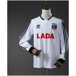 Mens Colo Colo Long Sleeve Home Jersey 1991/92 front view in white with red LADA sponsor and black stripes