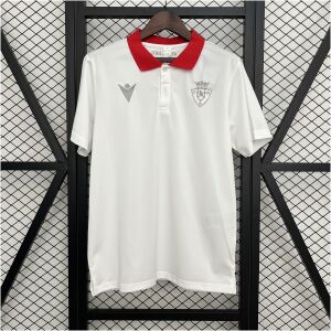 Mens Osasuna White Polo 2025/26 Mens Osasuna White Polo 2025/26 front view in white featuring red polo collar and silver Osasuna crest