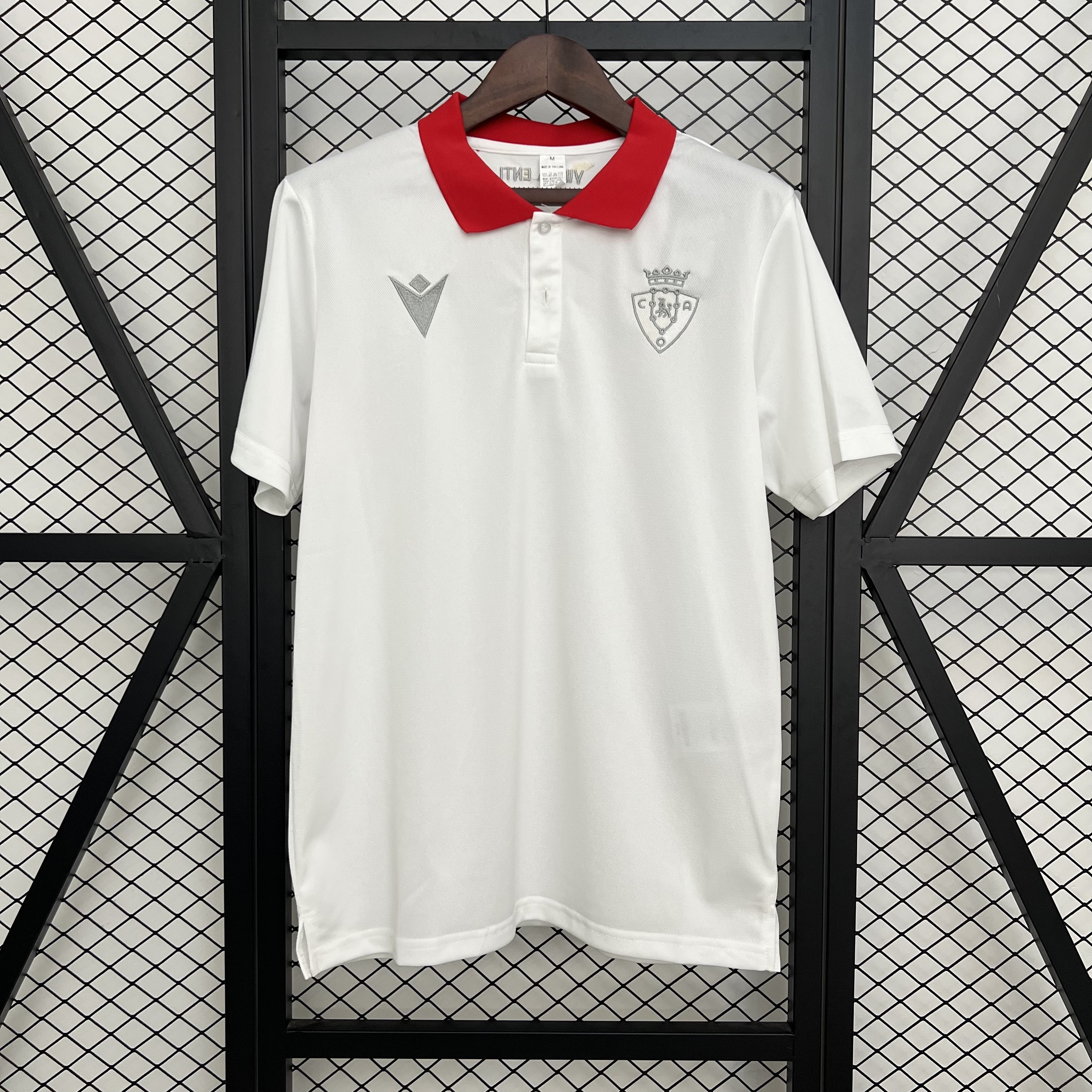 Mens Osasuna White Polo 2025/26 Mens Osasuna White Polo 2025/26 front view in white featuring red polo collar and silver Osasuna crest