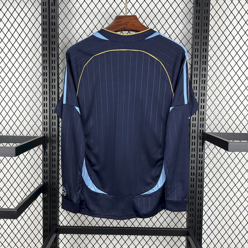 Mens World Cup Argentina Retro Long Sleeve Away Jersey 2006 Mens World Cup Argentina Retro Long Sleeve Away Jersey 2006 navy blue shirt rear view with tonal pinstripes and gold back yoke piping