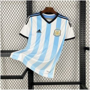 Mens World Cup Argentina Retro Home Jersey 2014 on hanger showing gradient sky blue stripes and black collar