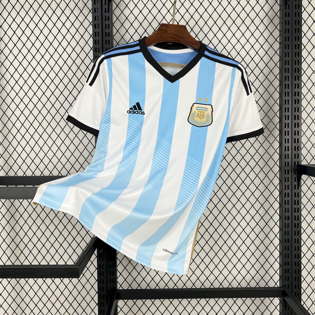 Mens World Cup Argentina Retro Home Jersey 2014 Mens World Cup Argentina Retro Home Jersey 2014 on hanger showing gradient sky blue stripes and black collar