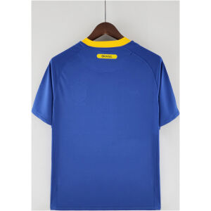 Mens World Cup Brazil blue Retro Away Jersey 2010 rear view showing yellow collar and Brasil neck tag