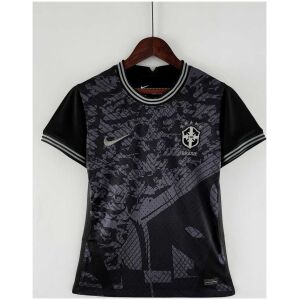 Womens World Cup Brazil all black Jersey 2022 Womens World Cup Brazil all black Jersey 2022 tailored black shirt front view with tonal geometric print and silver CBF crest