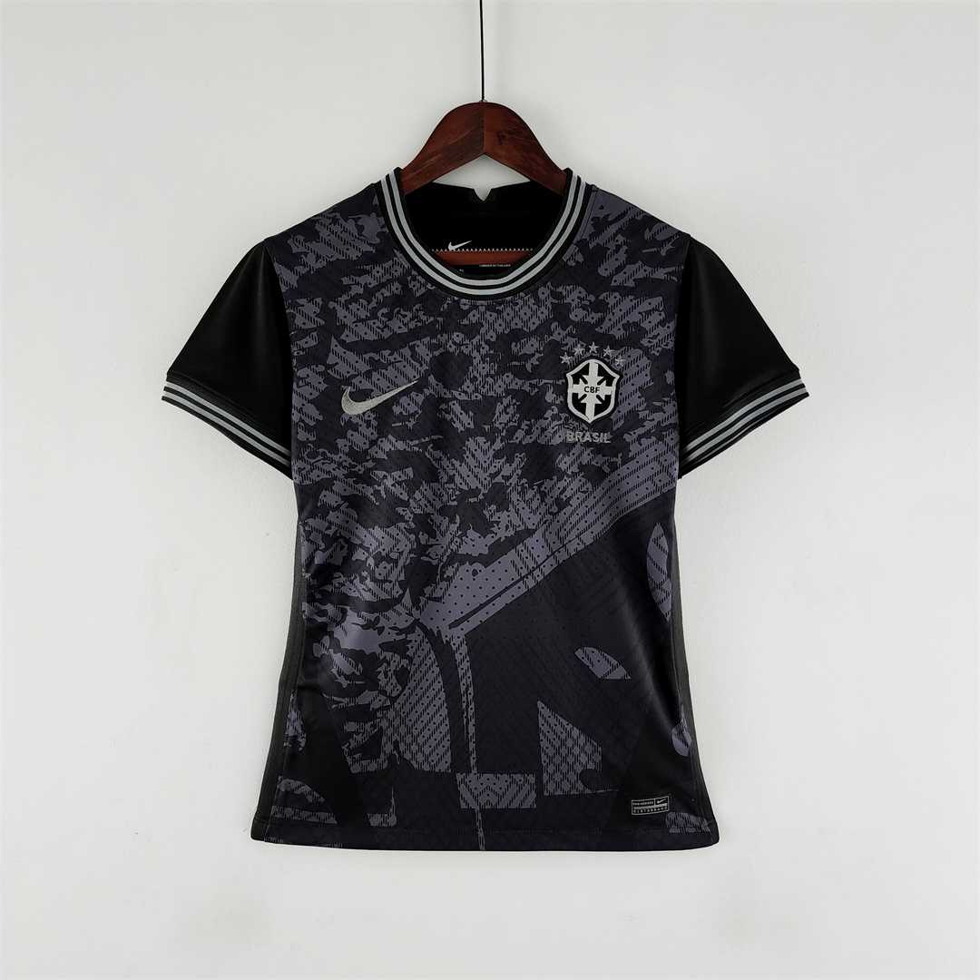 Womens World Cup Brazil all black Jersey 2022 Womens World Cup Brazil all black Jersey 2022 tailored black shirt front view with tonal geometric print and silver CBF crest