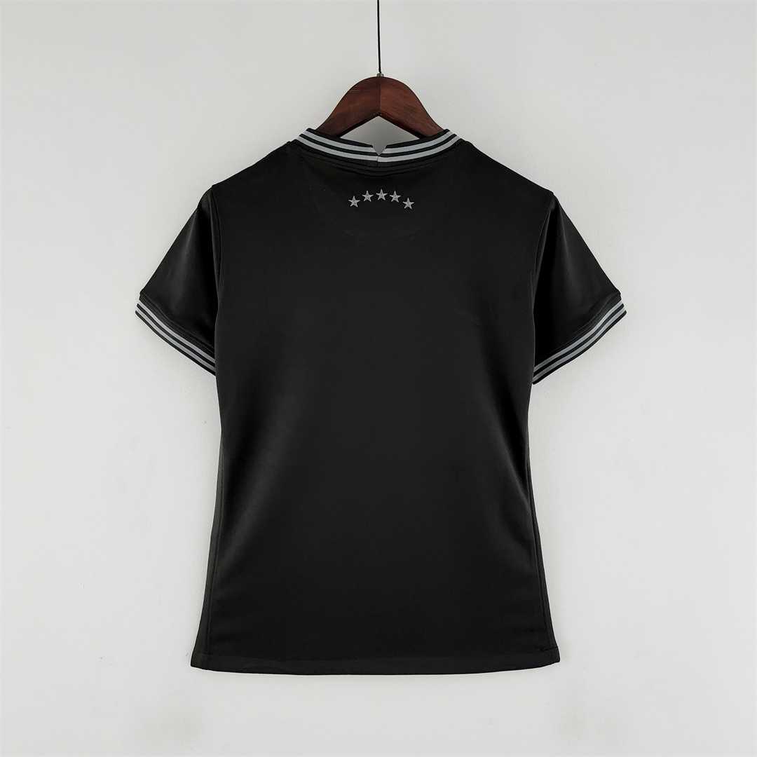Womens World Cup Brazil all black Jersey 2022 Womens World Cup Brazil all black Jersey 2022 tailored black shirt rear view showing contoured fit and silver arched nape stars