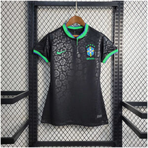 Womens World Cup Brazil black leopard Jersey 2022 Womens World Cup Brazil black leopard Jersey 2022 black shirt front view with embossed jaguar print and green collar