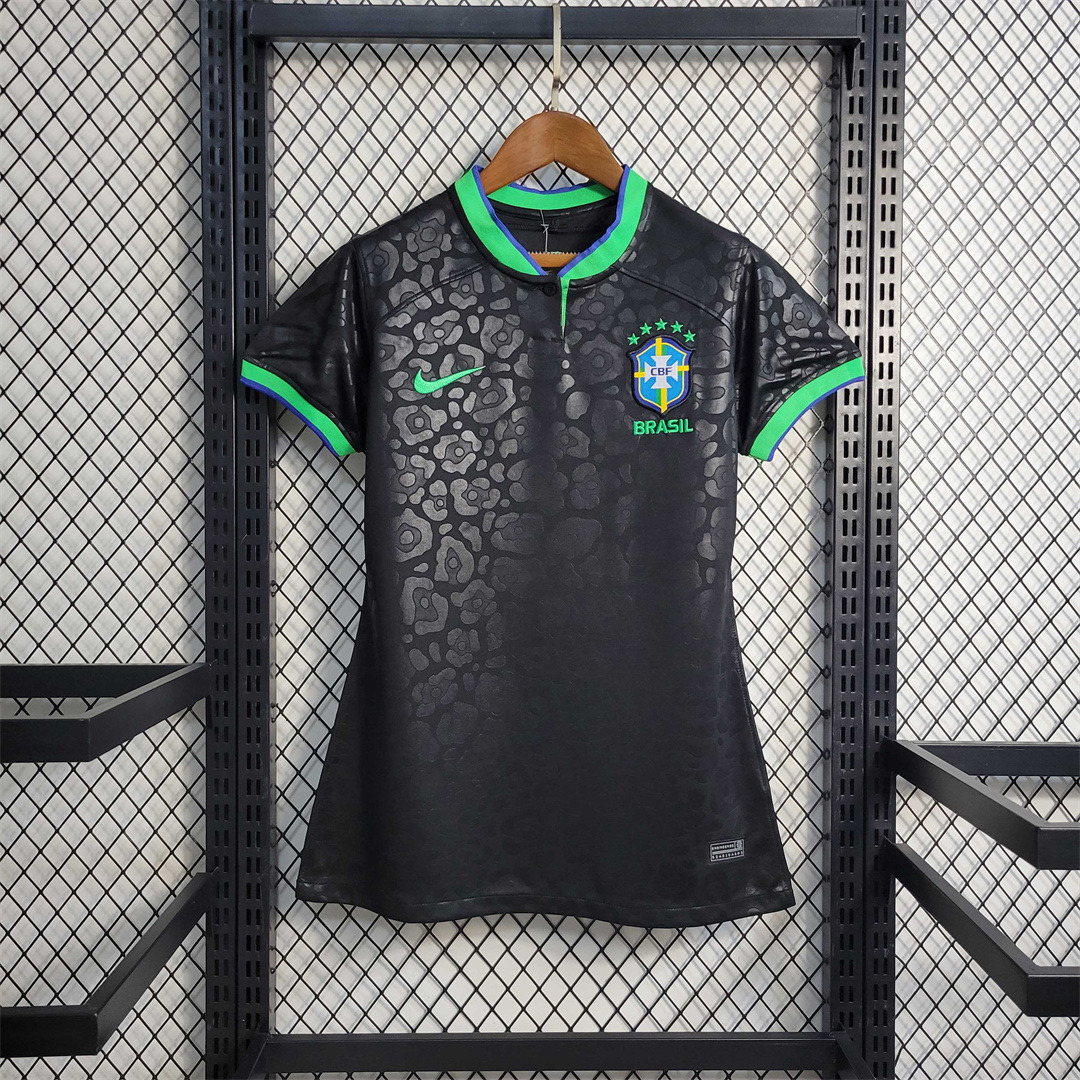 Womens World Cup Brazil black leopard Jersey 2022 Womens World Cup Brazil black leopard Jersey 2022 black shirt front view with embossed jaguar print and green collar