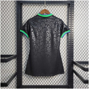 Womens World Cup Brazil black leopard Jersey 2022 black shirt rear view with tonal leopard spots and green cuff trim