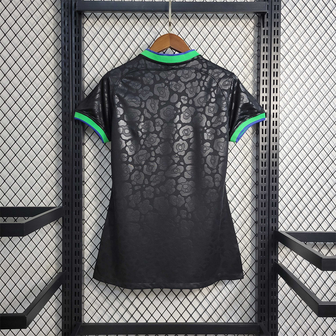Womens World Cup Brazil black leopard Jersey 2022 Womens World Cup Brazil black leopard Jersey 2022 black shirt rear view with tonal leopard spots and green cuff trim