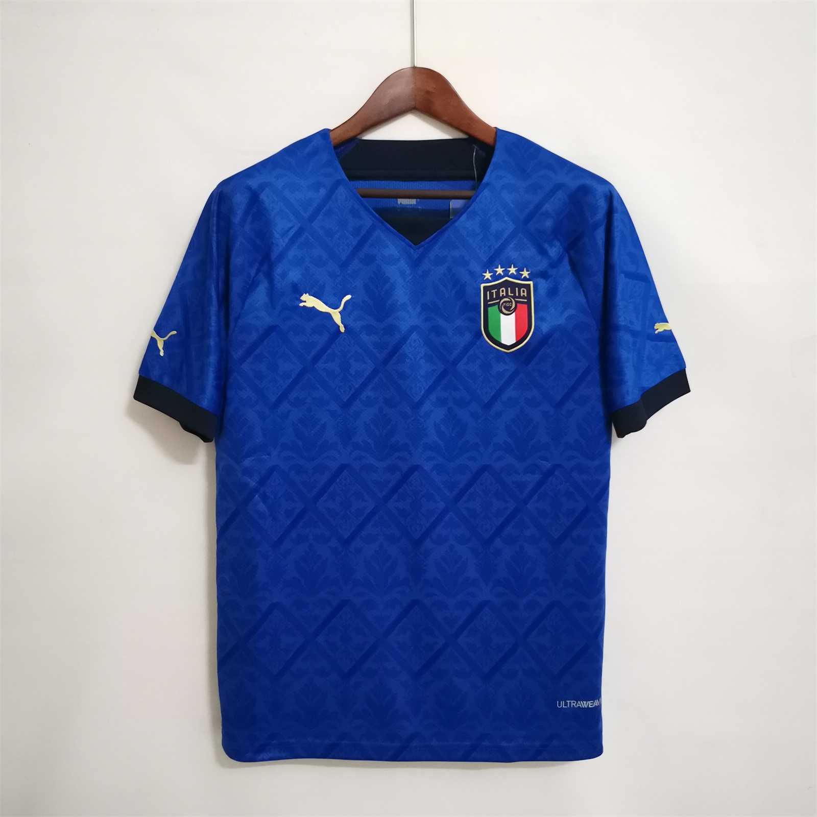 Mens Italy Home Jersey 2022 Mens Italy Home Jersey 2022 royal blue shirt front view with Renaissance floral jacquard weave and FIGC crest