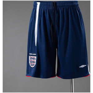 Mens England World Cup Retro Home Shorts 2006 navy blue shorts front view with Three Lions crest and white hip stripe