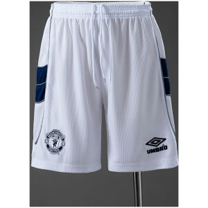 Mens Manchester United Retro Away Shorts 1999/00 white shorts front view with navy side panels and embroidered crest