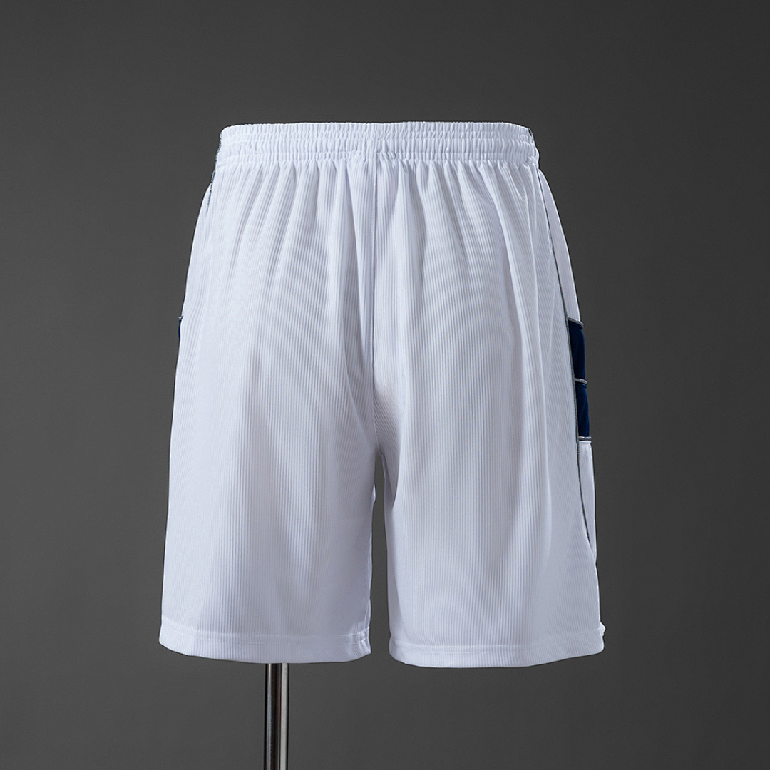 Mens Manchester United Retro Away Shorts 1999/00 Mens Manchester United Retro Away Shorts 1999/00 white shorts rear view with gathered elastic waistband and piping