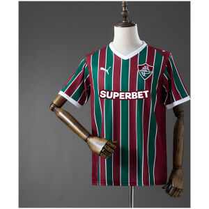 Front view of the Mens Fluminense Home Jersey 2026/27 in garnet and green vertical stripes with white V-neck