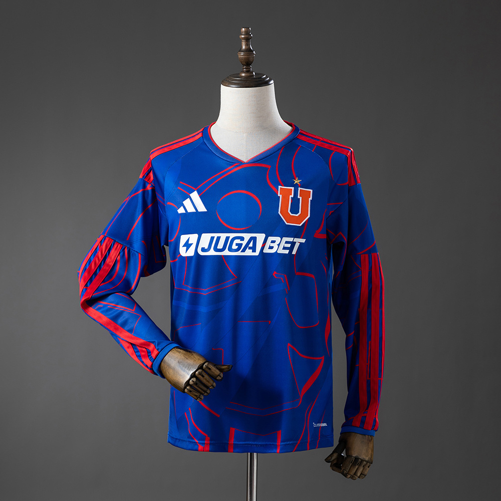 Mens Club Universidad de Chile Long Sleeve Home Jersey 2026 Mens Club Universidad de Chile Long Sleeve Home Jersey 2026 front view in blue with red lines and U crest