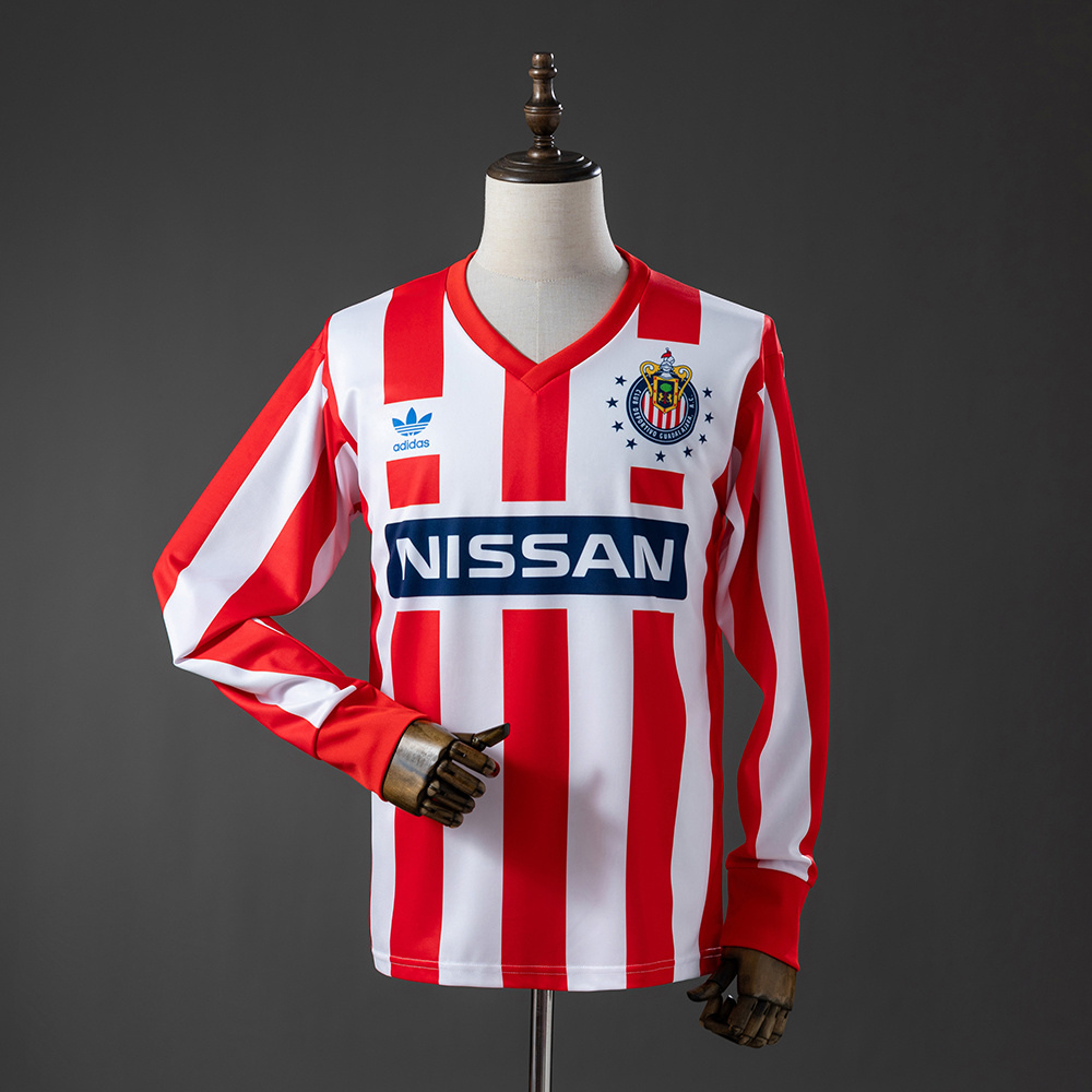 Mens Chivas De Guadalajara Retro Long Sleeve Home Jersey 1990/91 Mens Chivas De Guadalajara Retro Long Sleeve Home Jersey 1990/91 front view with Nissan sponsor and Trefoil