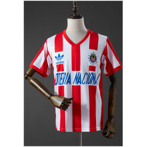 Mens Guadalajara Retro Home Jersey 1991/92 Mens Guadalajara Retro Home Jersey 1991/92 front view in red and white stripes with Lotería Nacional sponsor