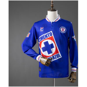Mens Cruz Azul Retro Long Sleeve Home Jersey 1998 front view in royal blue featuring Cemento Cruz Azul sponsor