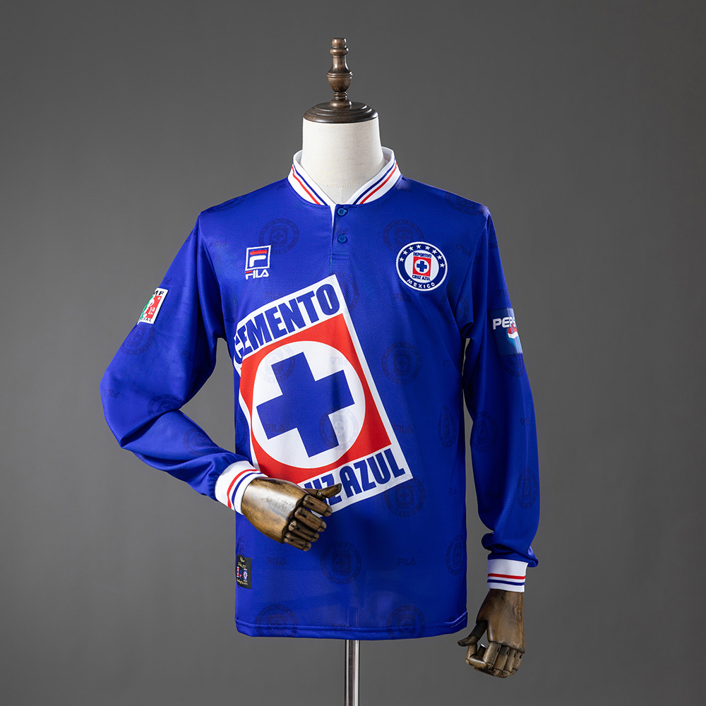 Mens Cruz Azul Retro Long Sleeve Home Jersey 1998 Mens Cruz Azul Retro Long Sleeve Home Jersey 1998 front view in royal blue featuring Cemento Cruz Azul sponsor