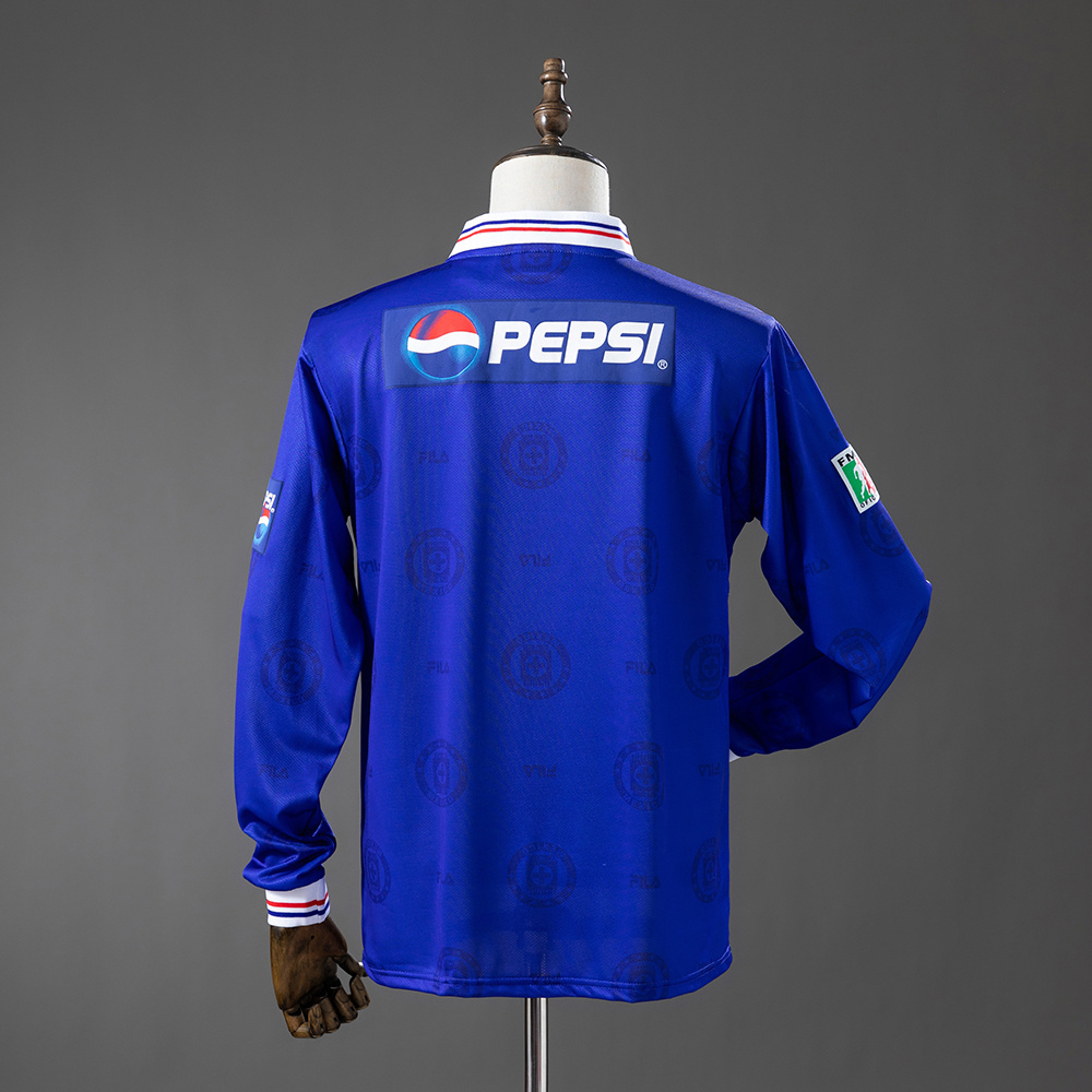 Mens Cruz Azul Retro Long Sleeve Home Jersey 1998 Mens Cruz Azul Retro Long Sleeve Home Jersey 1998 rear view showing upper back Pepsi sponsor and long sleeves