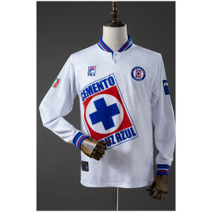 Mens Cruz Azul Retro Long Sleeve Away Jersey 1998 front view in white with long sleeves and Cemento Cruz Azul sponsor
