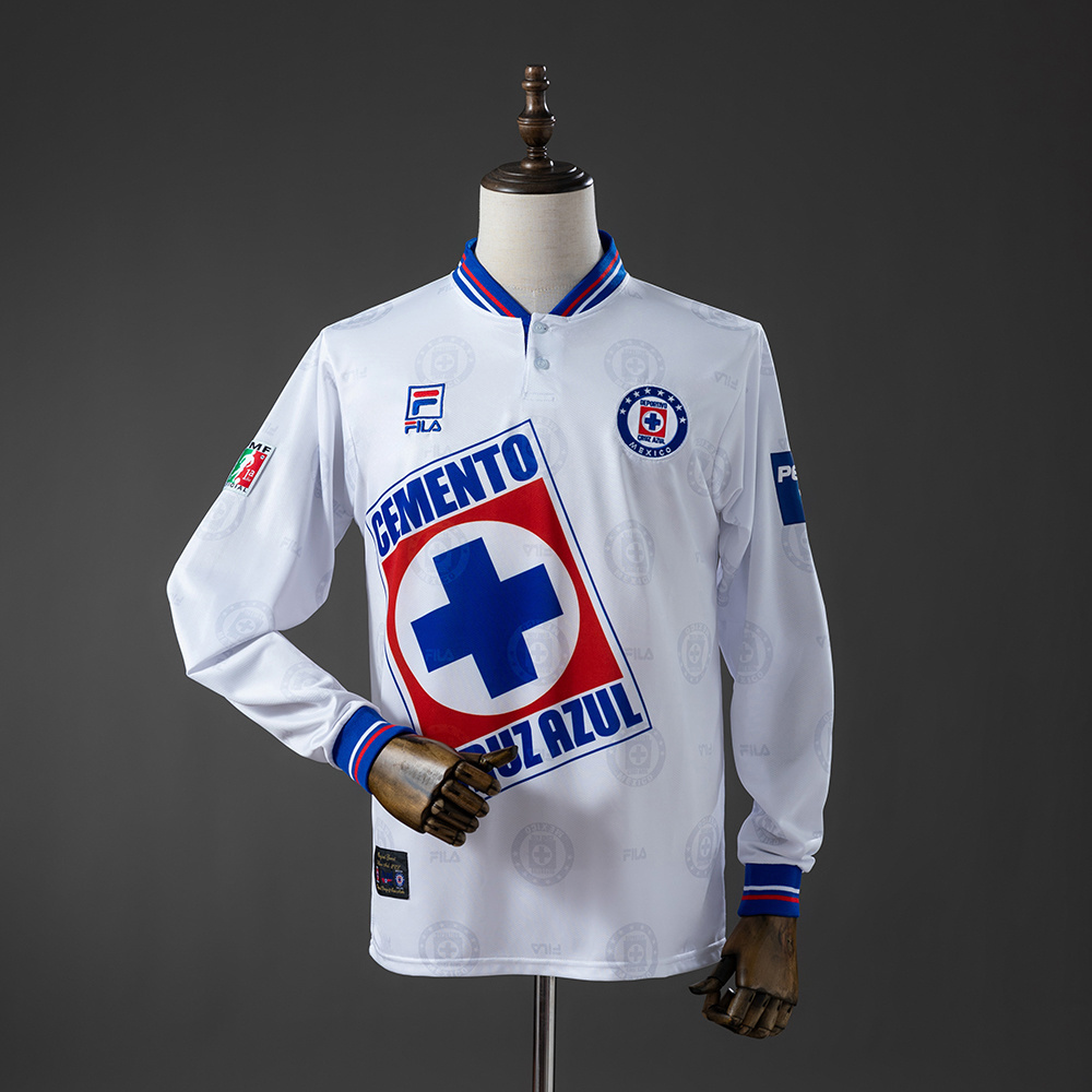 Mens Cruz Azul Retro Long Sleeve Away Jersey 1998 Mens Cruz Azul Retro Long Sleeve Away Jersey 1998 front view in white with long sleeves and Cemento Cruz Azul sponsor