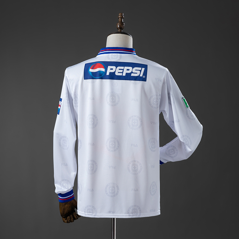 Mens Cruz Azul Retro Long Sleeve Away Jersey 1998 Mens Cruz Azul Retro Long Sleeve Away Jersey 1998 rear view in white showing long sleeves and blue rectangular Pepsi panel