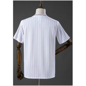 Mens Aston Villa FC Terrace Icons Jersey 2026 back view showing continuous vertical claret pinstripes on white body