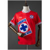 Mens Cruz Azul Retro Third Jersey 1998 front view in scarlet red with white henley collar and Cemento Cruz Azul logo