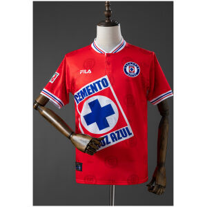 Mens Cruz Azul Retro Third Jersey 1998 front view in scarlet red with white henley collar and Cemento Cruz Azul logo