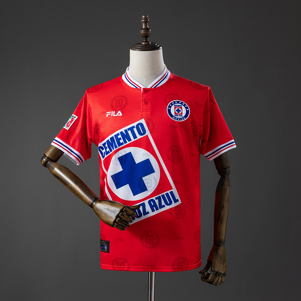 Mens Cruz Azul Retro Third Jersey 1998 Mens Cruz Azul Retro Third Jersey 1998 front view in scarlet red with white henley collar and Cemento Cruz Azul logo