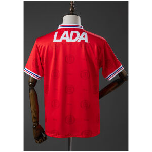 Mens Cruz Azul Retro Third Jersey 1998 back view in red showing tonal jacquard watermarks and white LADA sponsor