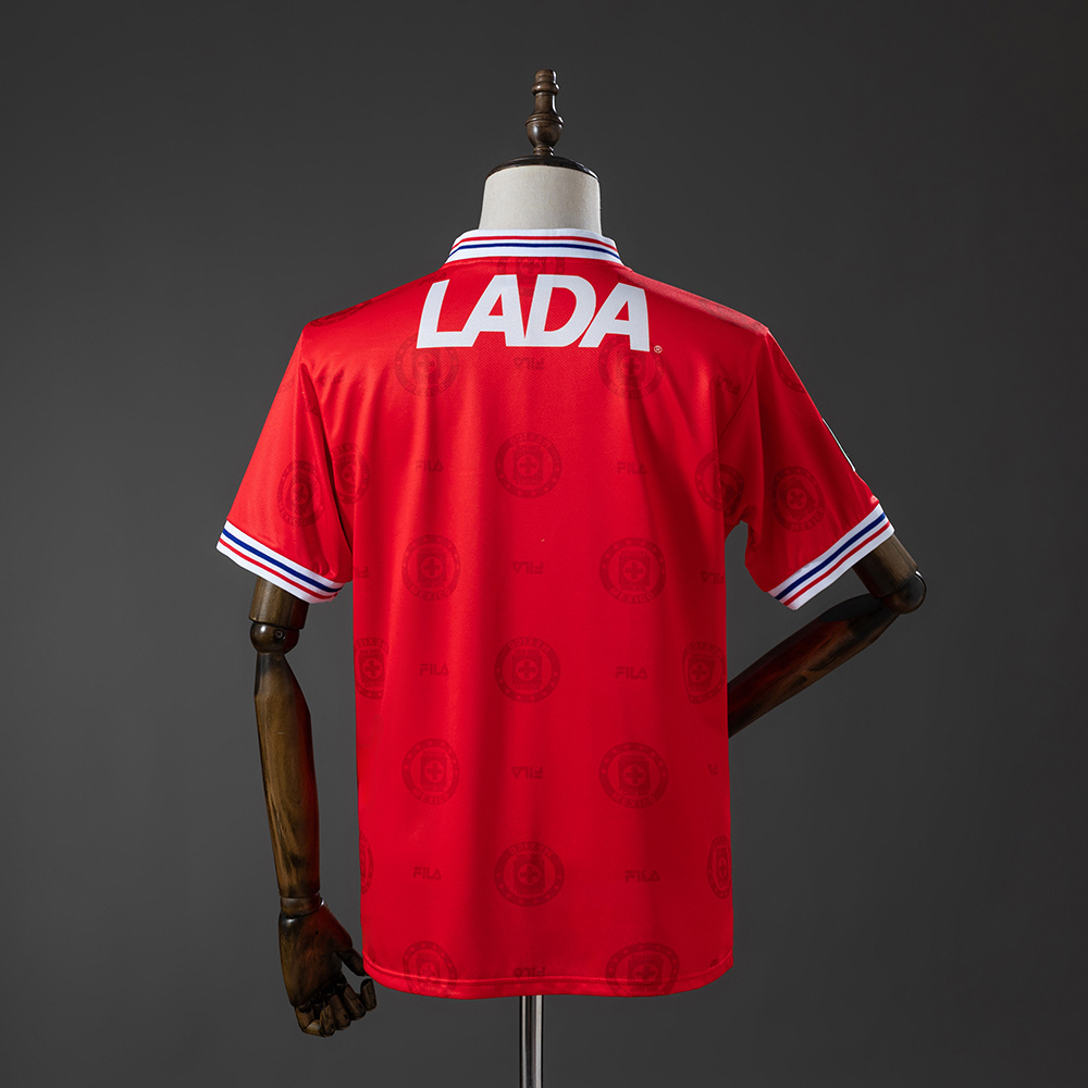 Mens Cruz Azul Retro Third Jersey 1998 Mens Cruz Azul Retro Third Jersey 1998 back view in red showing tonal jacquard watermarks and white LADA sponsor