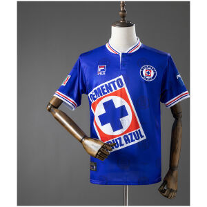 Mens Cruz Azul Retro Home Jersey 1998 Mens Cruz Azul Retro Home Jersey 1998 front view in royal blue with white henley collar and Cemento Cruz Azul sponsor