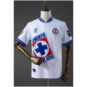 Mens Cruz Azul Retro Away Jersey 1998 front view in white showing blue-red collar and angled Cemento Cruz Azul sponsor