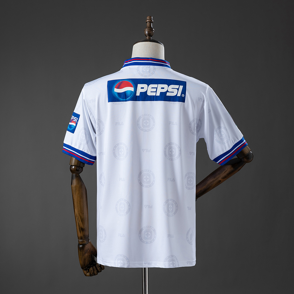 Mens Cruz Azul Retro Away Jersey 1998 Mens Cruz Azul Retro Away Jersey 1998 rear view in white with tonal jacquard print and blue rectangular Pepsi banner