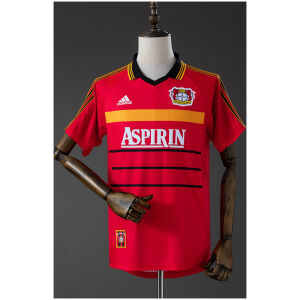Mens Bayer Leverkusen Retro Home Jersey 1998/00 Mens Bayer Leverkusen Retro Home Jersey 1998/00 red shirt front view with ASPIRIN sponsor