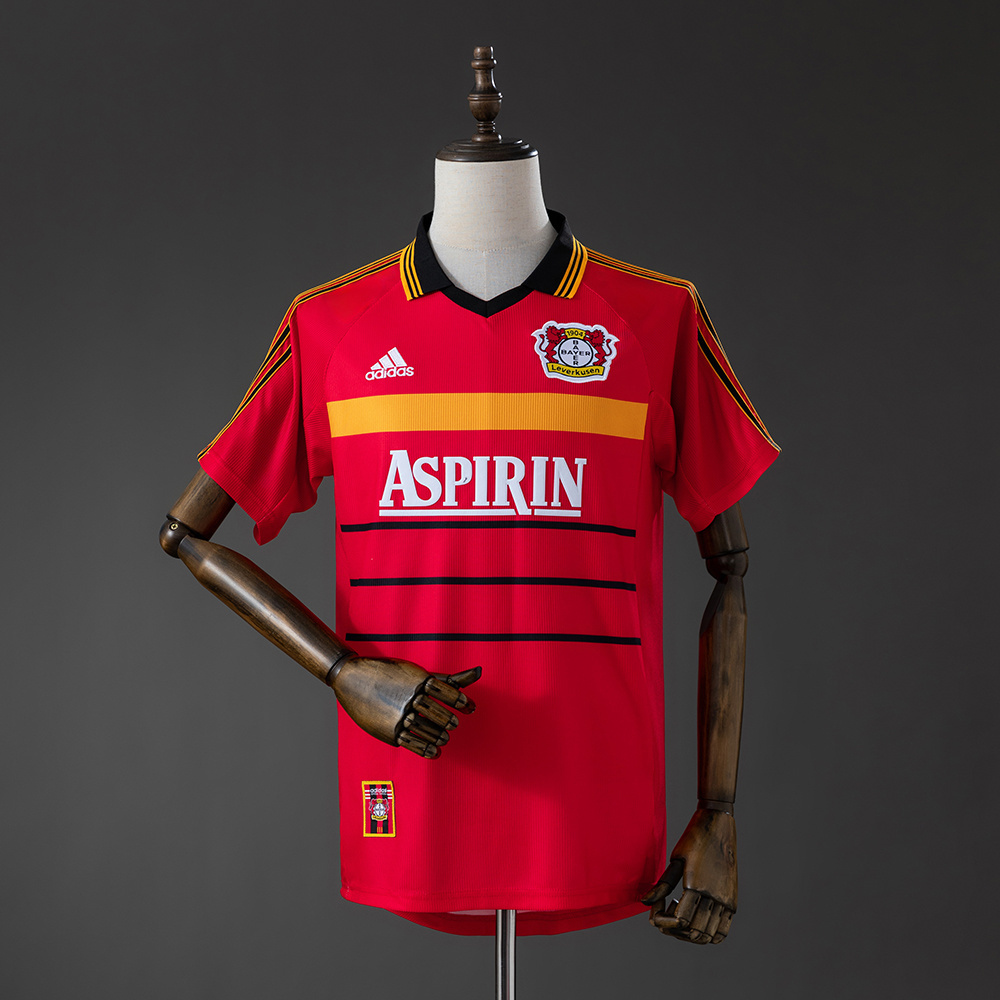 Mens Bayer Leverkusen Retro Home Jersey 1998/00 Mens Bayer Leverkusen Retro Home Jersey 1998/00 red shirt front view with ASPIRIN sponsor