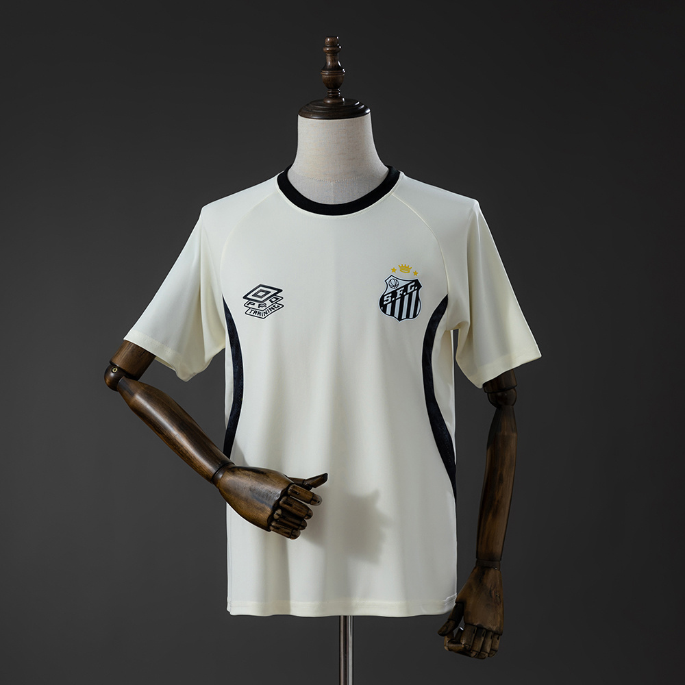 Mens Santos Beige Training Kit Jersey 2026/27 Front view of the Mens Santos Beige Size Training Kit Jersey 2026/27 showing black crew collar and side panels