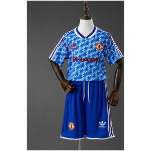 Kids Manchester United Retro Away Kit 1990/92 blue snowflake shirt and matching shorts front view