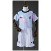 Kids Costa Rica Away Kit 2026 front view showing pastel foliage shirt and matching white shorts with CR crest