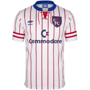 Mens Chelsea Retro Away Jersey 1992/94 front view in white with red pinstripes, blue lace collar and Commodore logo
