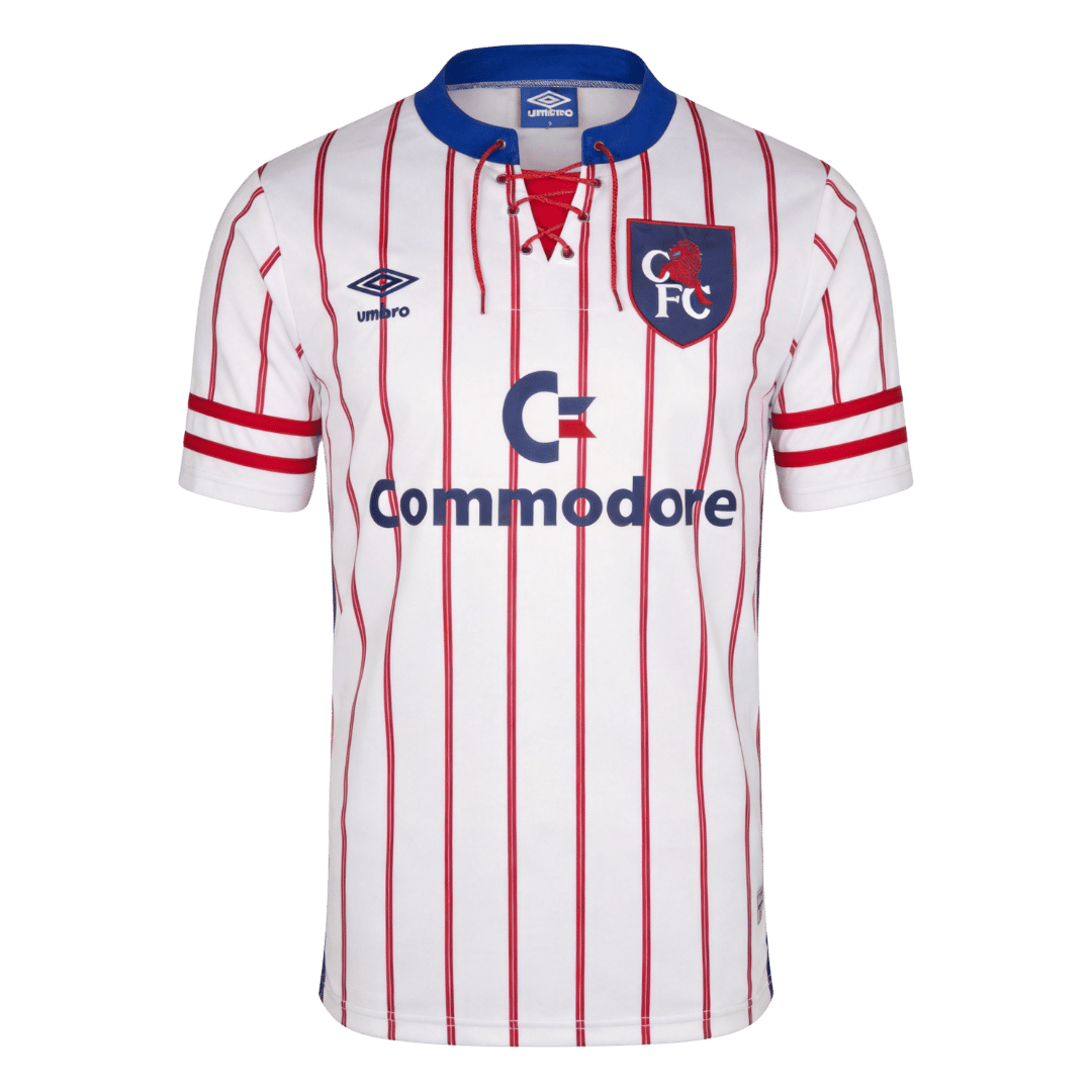 Mens Chelsea Retro Away Jersey 1992/94 Mens Chelsea Retro Away Jersey 1992/94 front view in white with red pinstripes, blue lace collar and Commodore logo